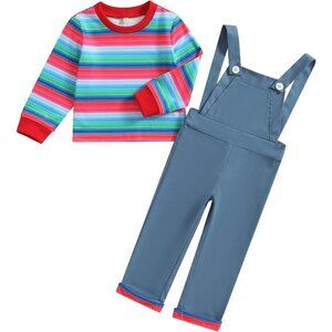 Halloween Chucky Boy Costume Long Sleeve Striped Top Blue Jumpsuit Cosplay Set